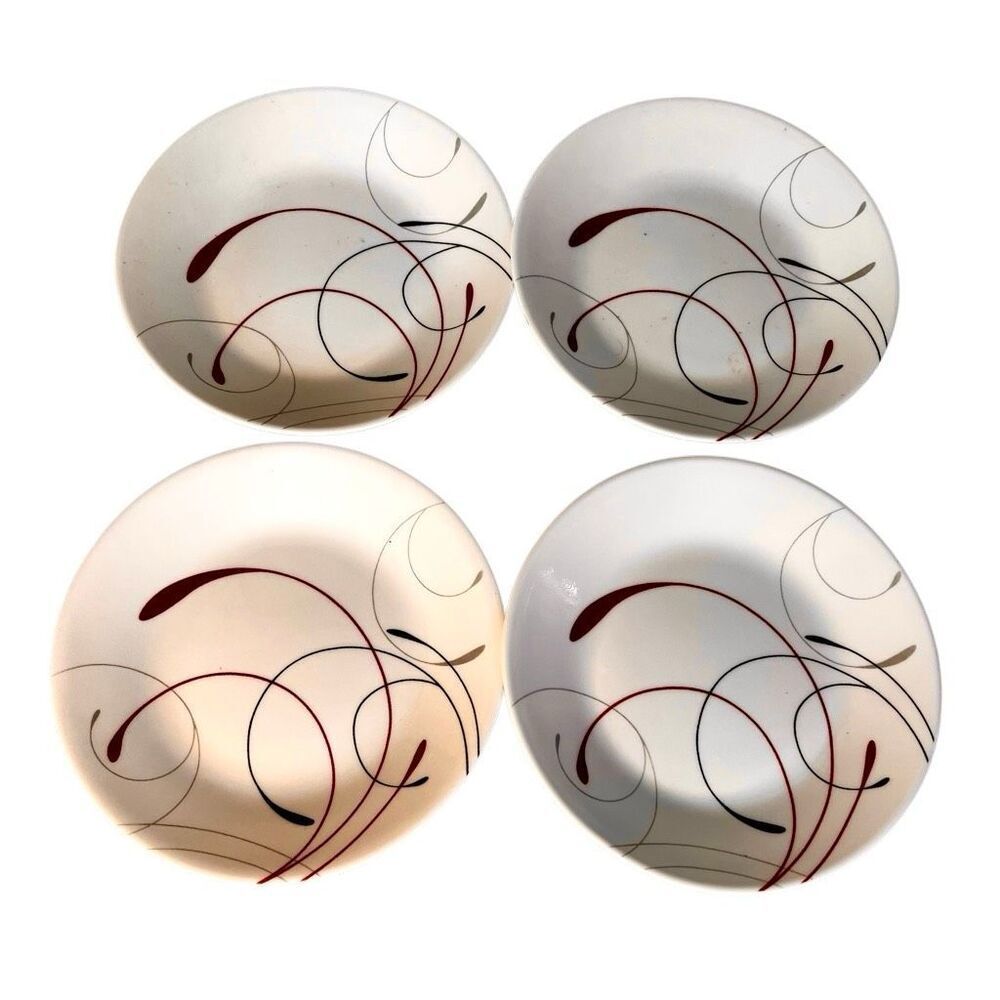 Set of 4 Corelle SPLENDOR Plates Red Gray Swirl Scrolls